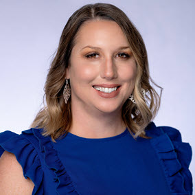 a woman in a blue shirt